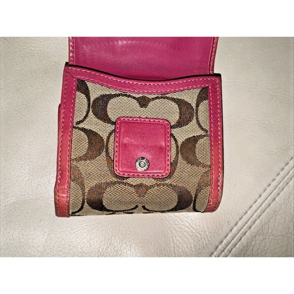 Coach Signature Canvas Tri-Fold Wallet Buckle Tab Leather Trim Brown Pink - Picture 12 of 13